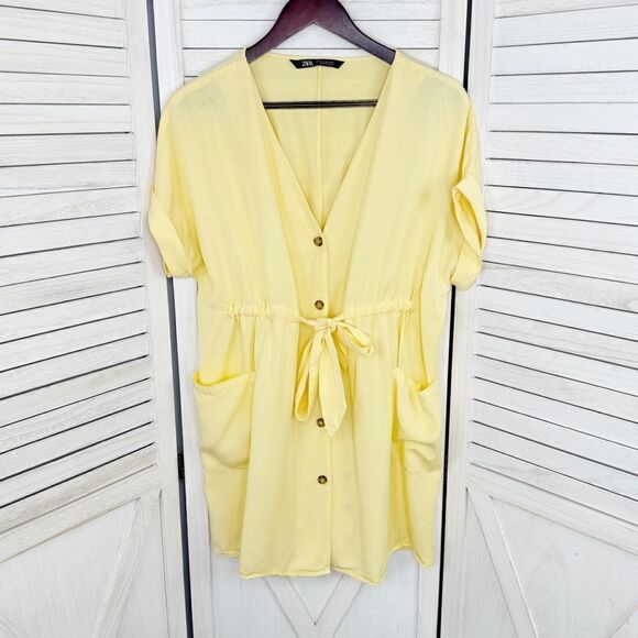 Zara Button Front Tie Waist Shirt Dress Yellow XS Cap Sleeve - Picture 10 of 14